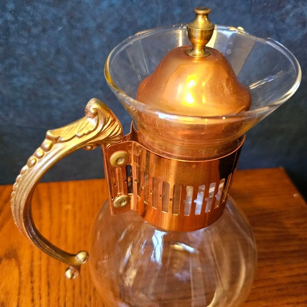 Vintage Glass Carafe with Copper Metal Collar and Ornate Scroll Handle 9.5in